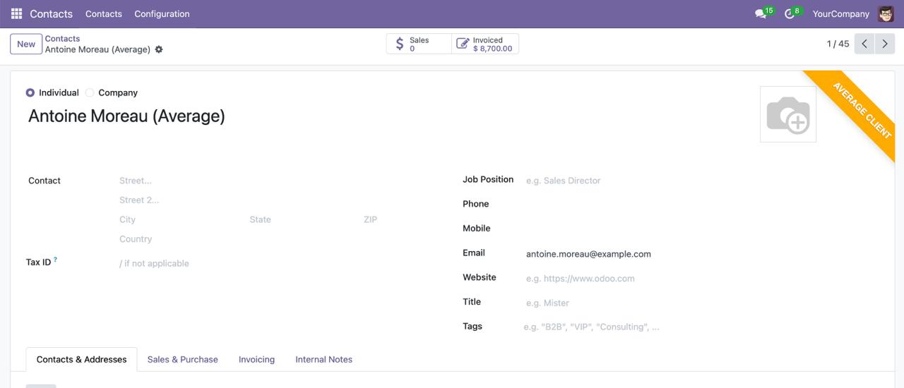 Odoo Client Status and Credit Rating Module interface showing customer classification ribbons